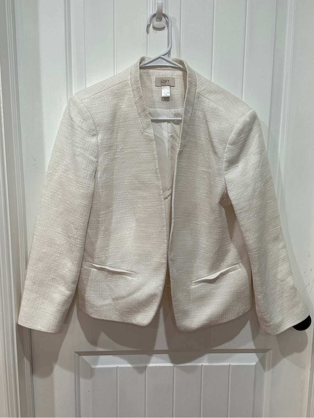 LOFT Cream Collarless Textured Open Blazer